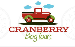 Cranberry_Test_Logo cartoon-like red farm truck with green leaves and cranberry bog tours text